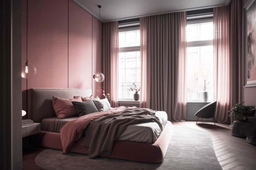 Stylish bedroom with pink panel walls with gray tone curtains