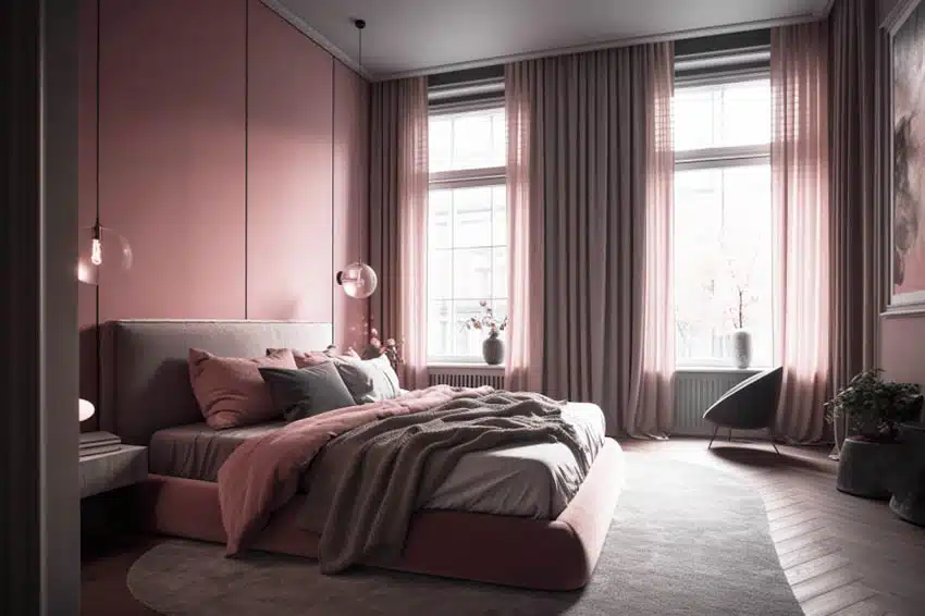 Modern bedroom with pink painted walls gray color curtains