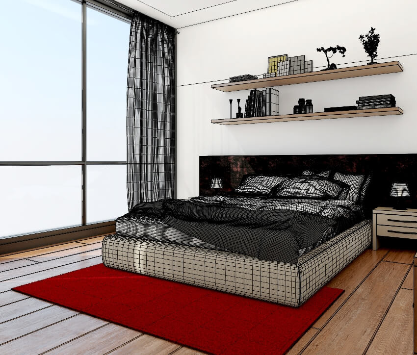 bedroom with wood floors, red carpet bed and white walls