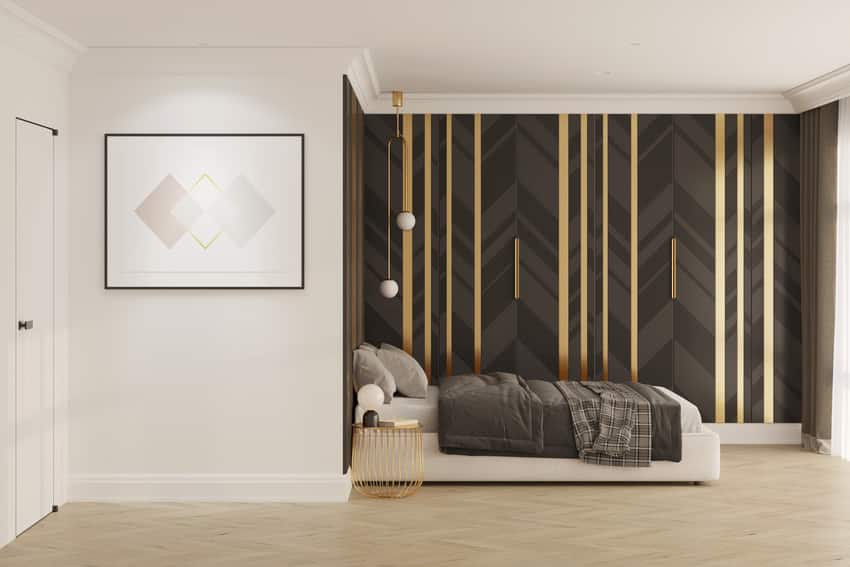 Modern black and white bedroom with illuminated horizontal poster