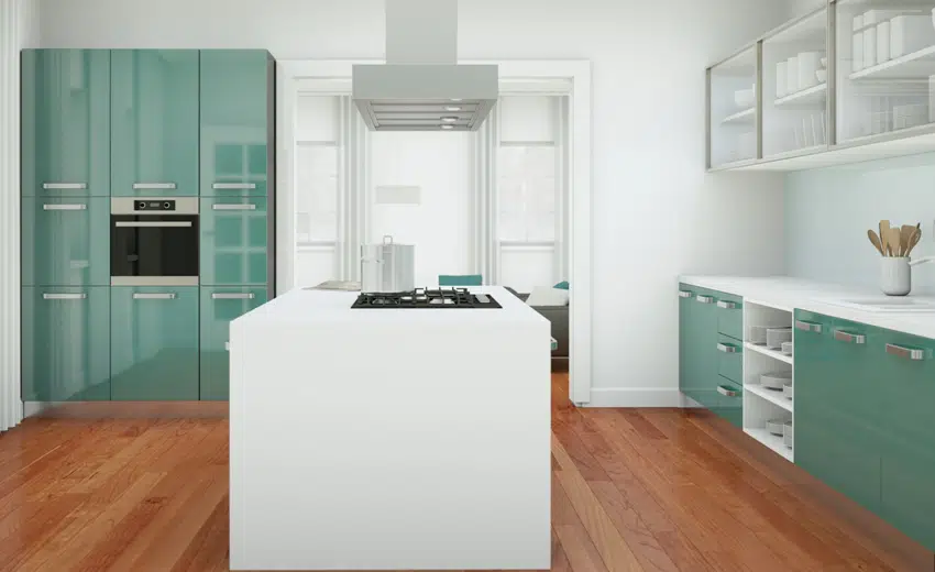 Modern blue green kitchen with white walls and center island