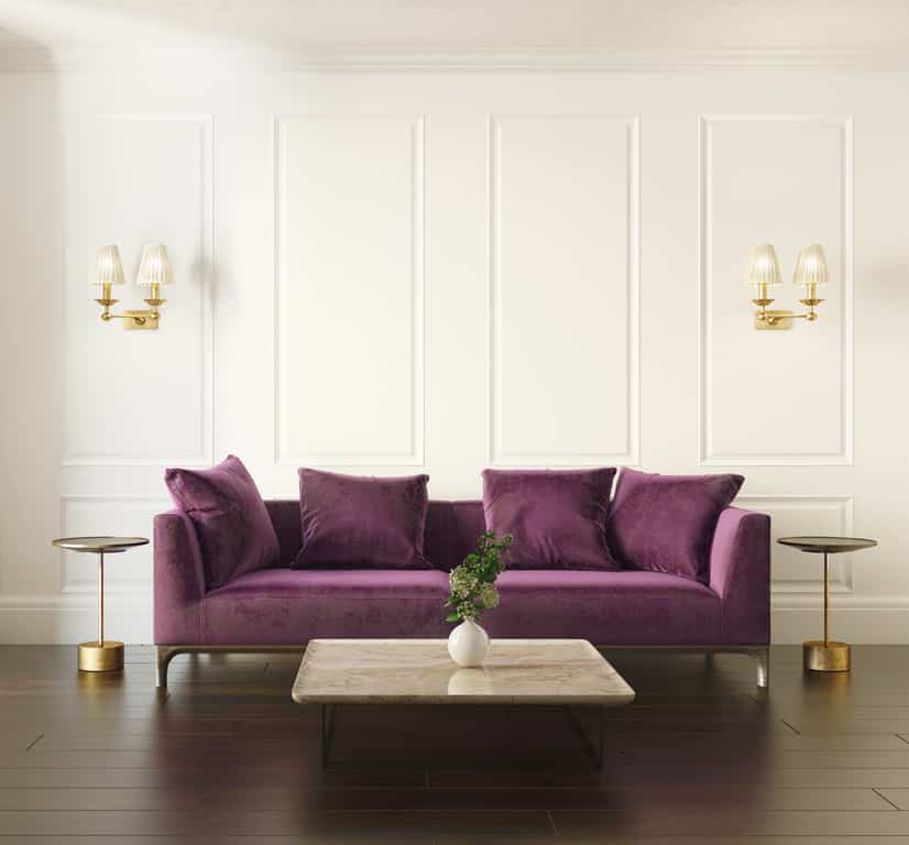 Modern chic classic interior with violet velvet sofa
