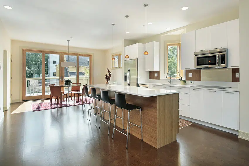 Modern dining room and kitchen with cork flooring