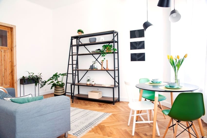 modern interior of living room with bookstand stylish sofa and plant white walls with vinyl flooring