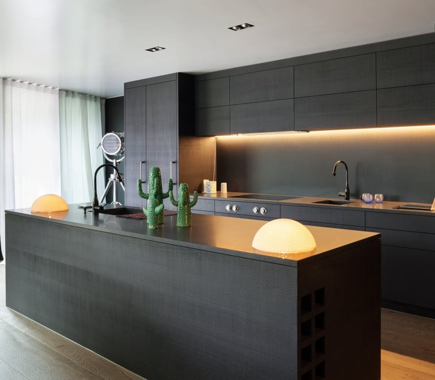 Modern kitchen with black furniture and wooden floor