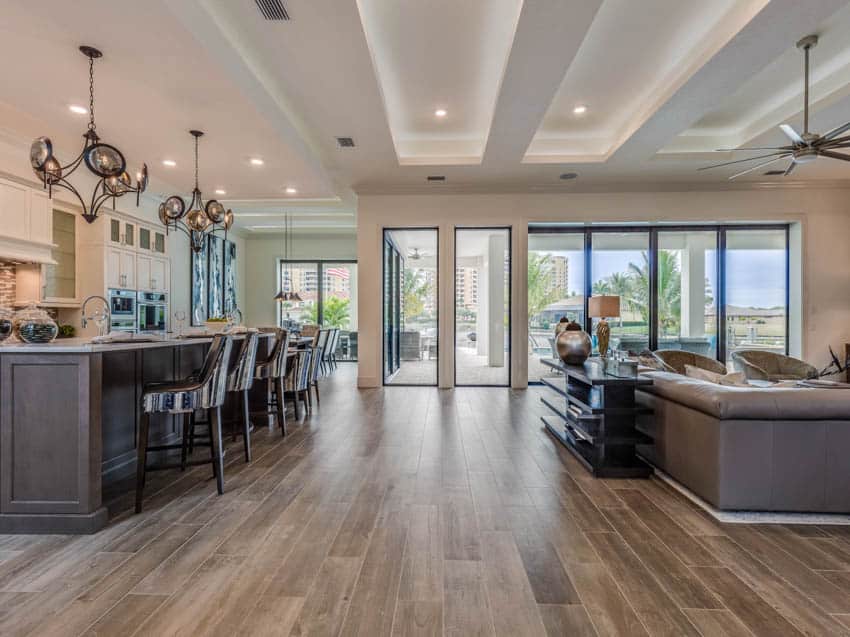 Modern kitchen with hardwood flooring dining area hanging light