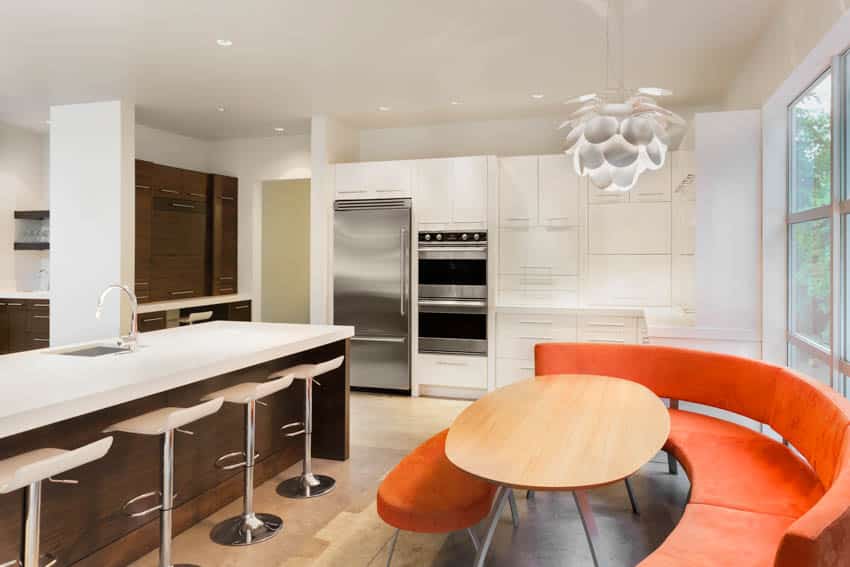 Modern kitchen with island stools and booth