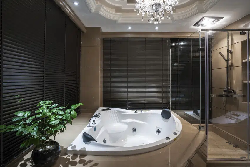 Modern luxurious bathroom with shower bathtub and blinds