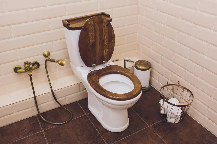 Modern stylish bathroom interior with wooden toilet seat 