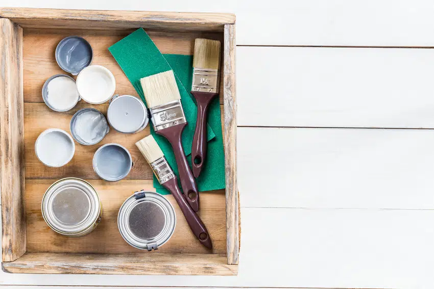 Painting materials in a wooden box