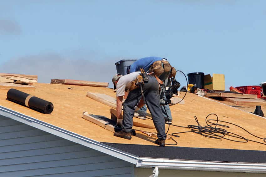 Roofing contractors installing roof