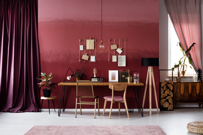 Pink burgundy gold workspace interior