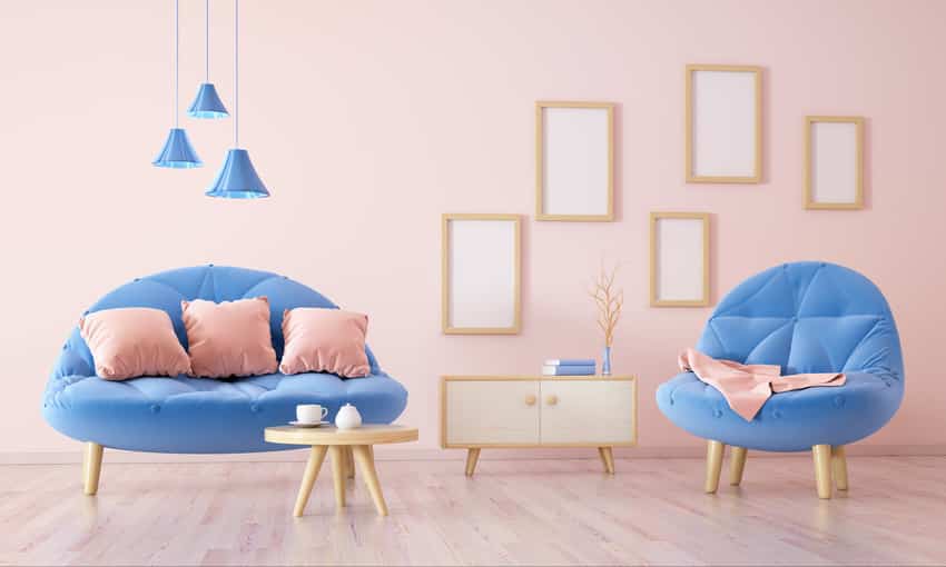 Playful blue and pink living room interior