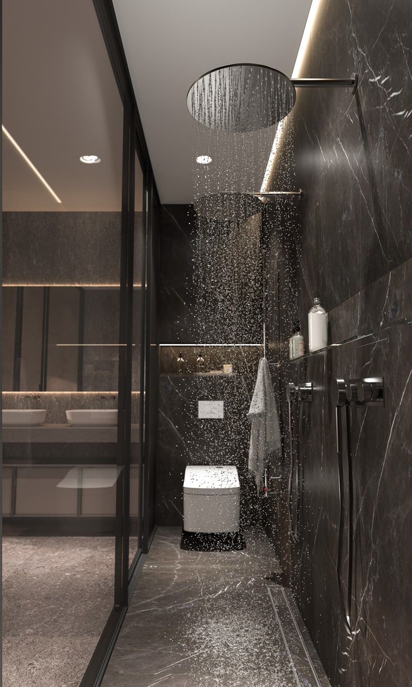 Rainfall shower with black soapstone floor and wall tiles with water heater