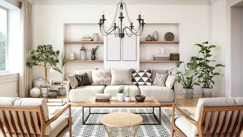 Scandinavian interior design living room with beige colored furniture black & white carpet and wooden elements