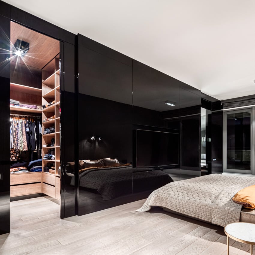 Soundproof modern walk in closet with high gloss black walls