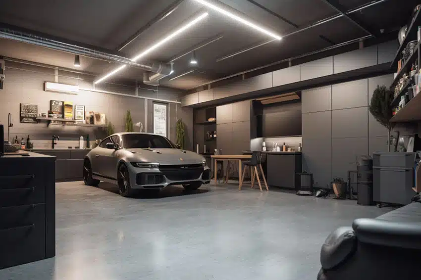 Stylish neutral gray garage interior color with built in storage