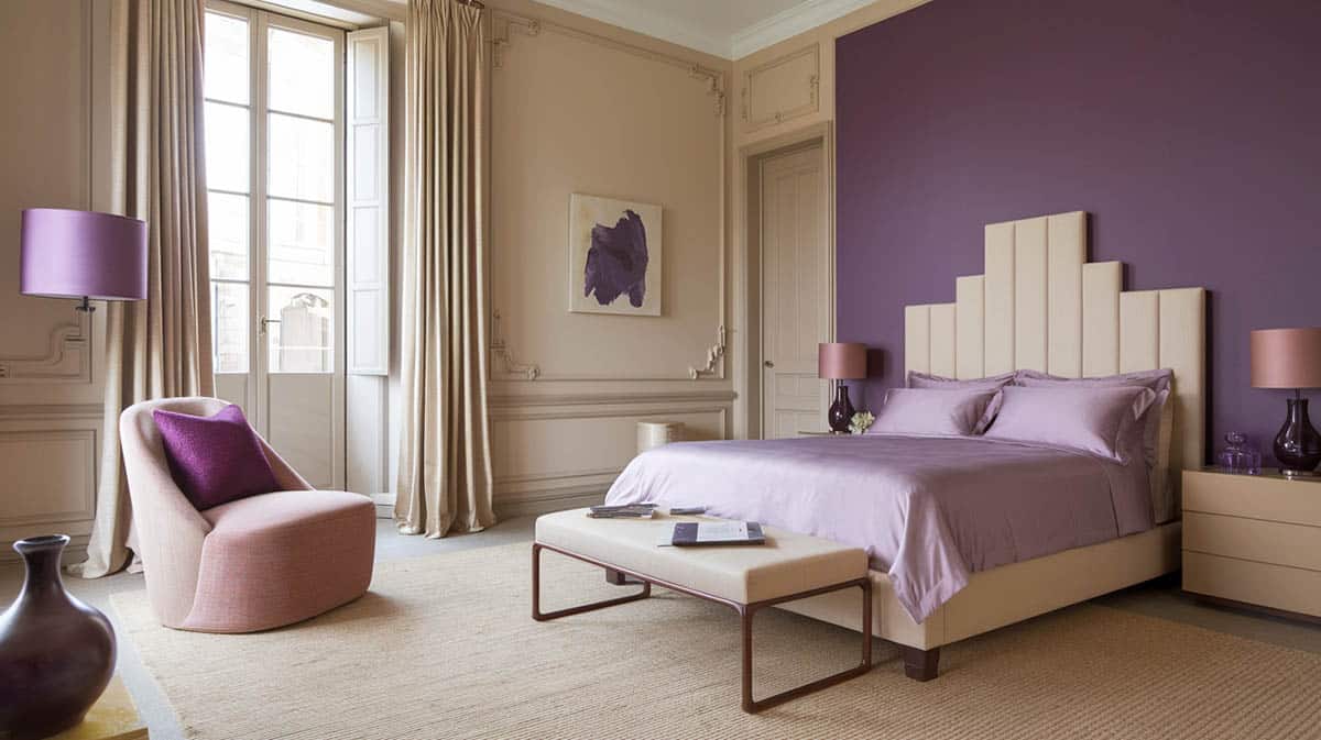 Stylish purple and beige bedroom with armchair
