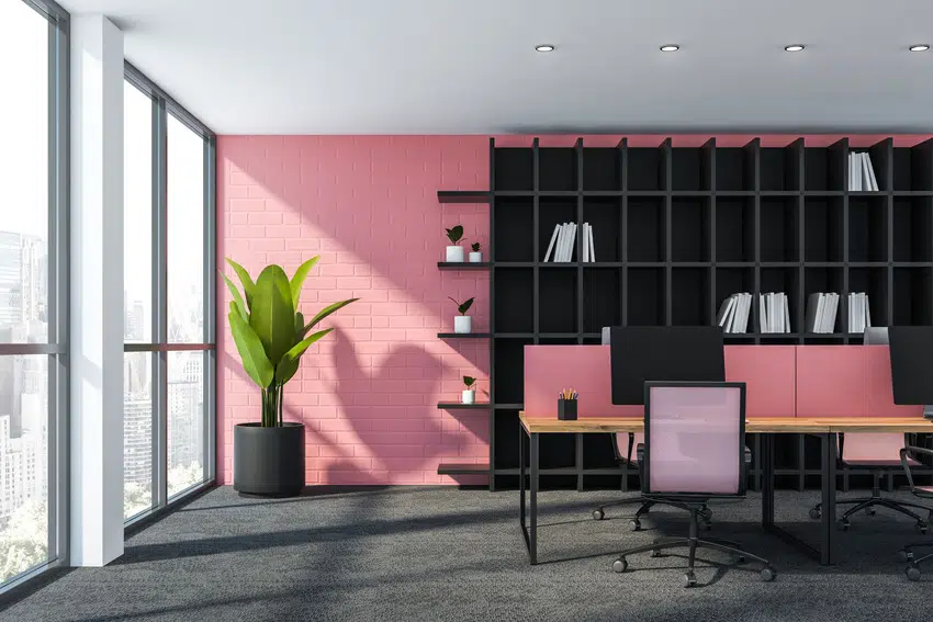 Stylish workplace with pink accent walls 