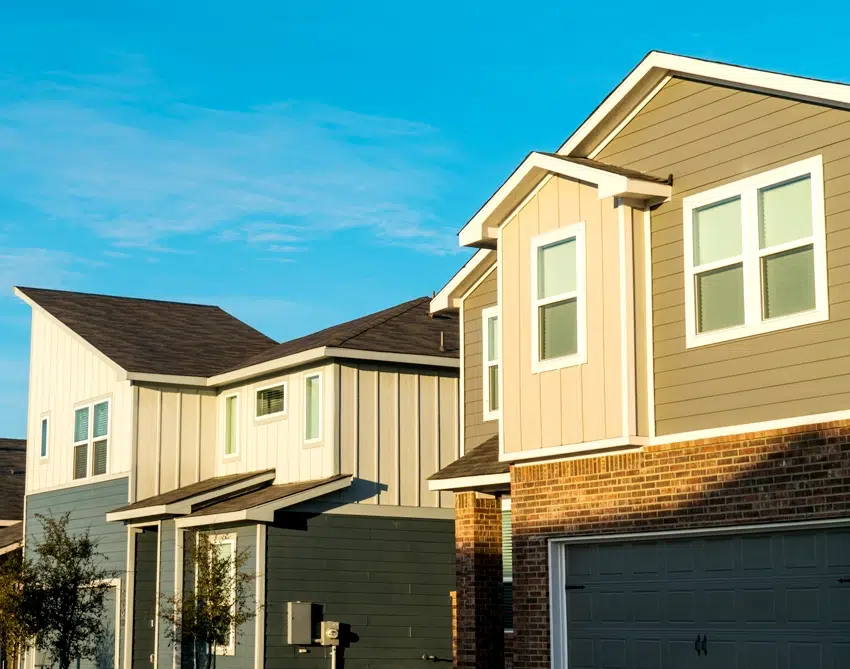 Row of houses with different types of siding