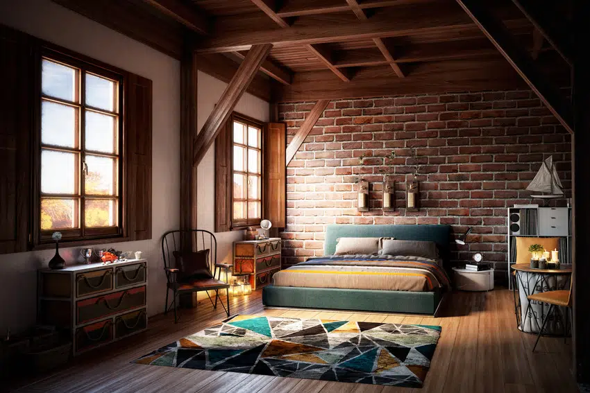 Warm and cozy bedroom interior with stylish rug and bed