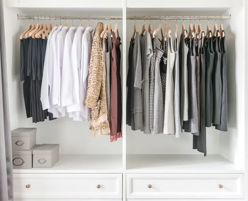 White closet with clothes hanging on rail
