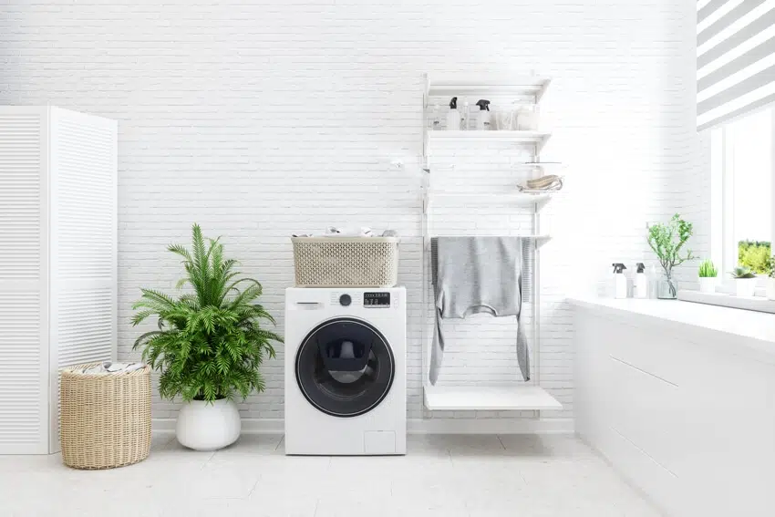 White laundry room with washer basket plant and some laundry supplies