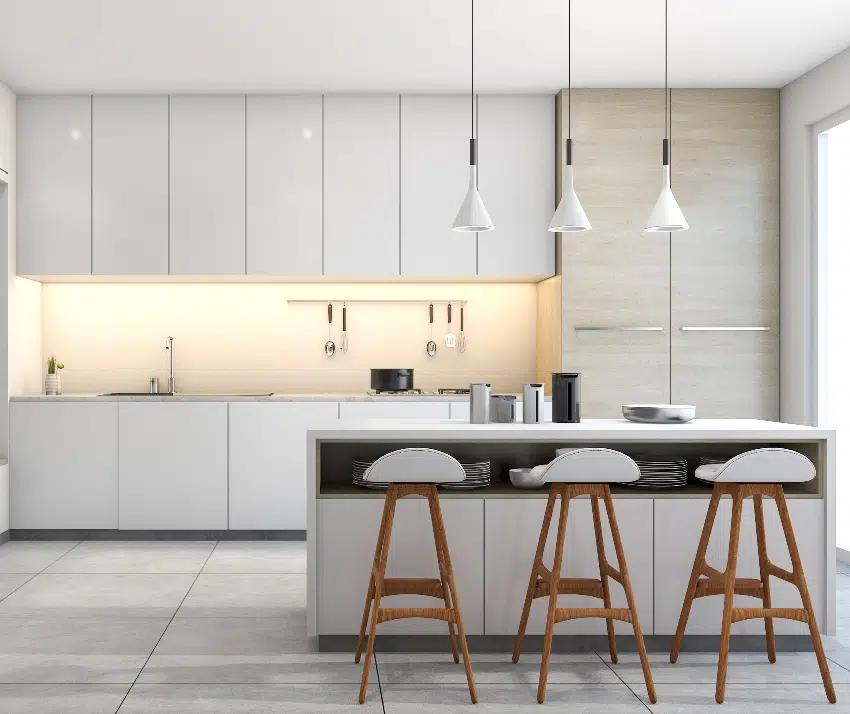 white modern design kitchen with lamp