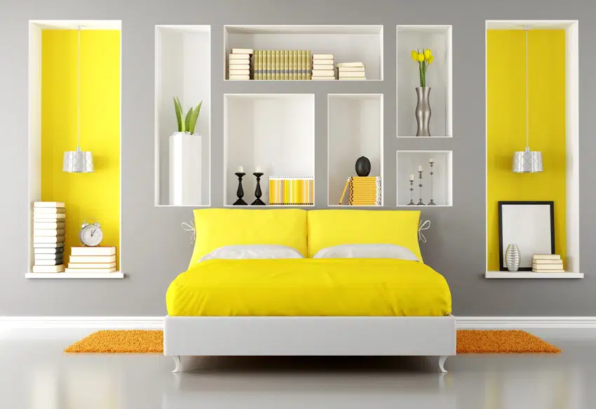 yellow and gray modern bedroom with double bed and orange carpet on the floor