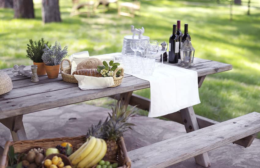 Backyard picnic table with fruit basket