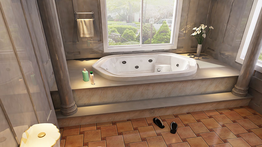 Bathroom with bathtub and tub steps sliding glass window is