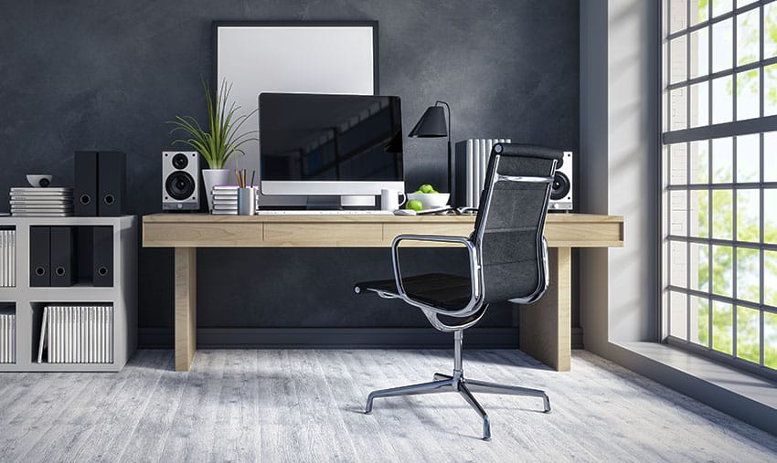 Office desk with black wall lamp shade 