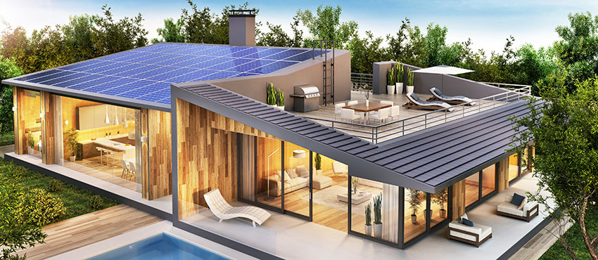 Modern house with solar panels and roof deck