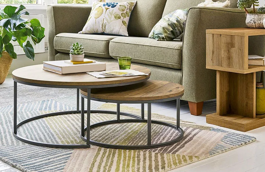 Rustic coffee table with rug sofa
