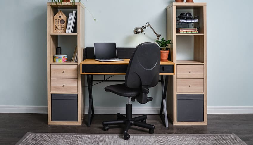 Working desk with mini drawers lampshade in home office