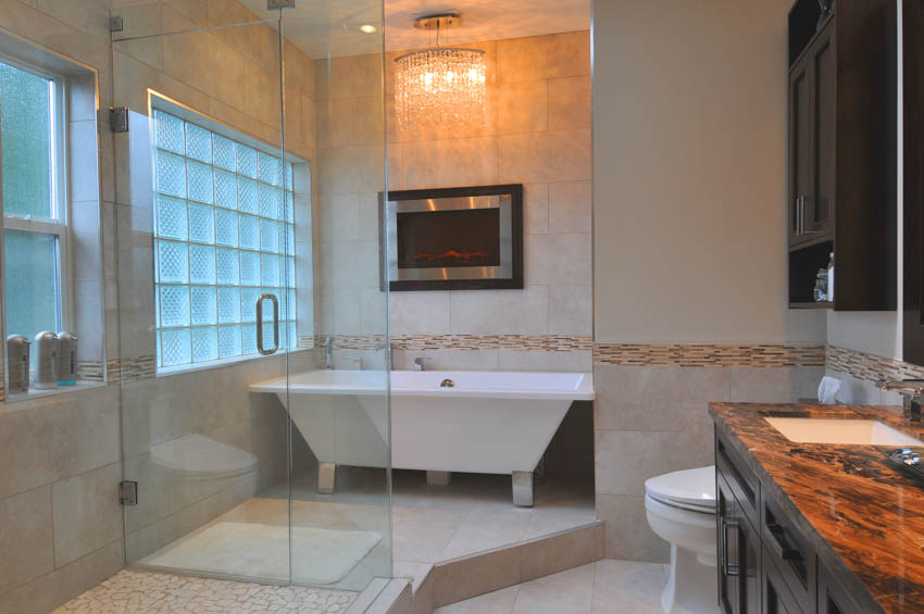 Bathroom with glass block window