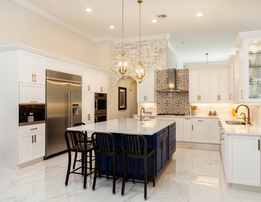 Beautiful kitchen with white marble shiny tile