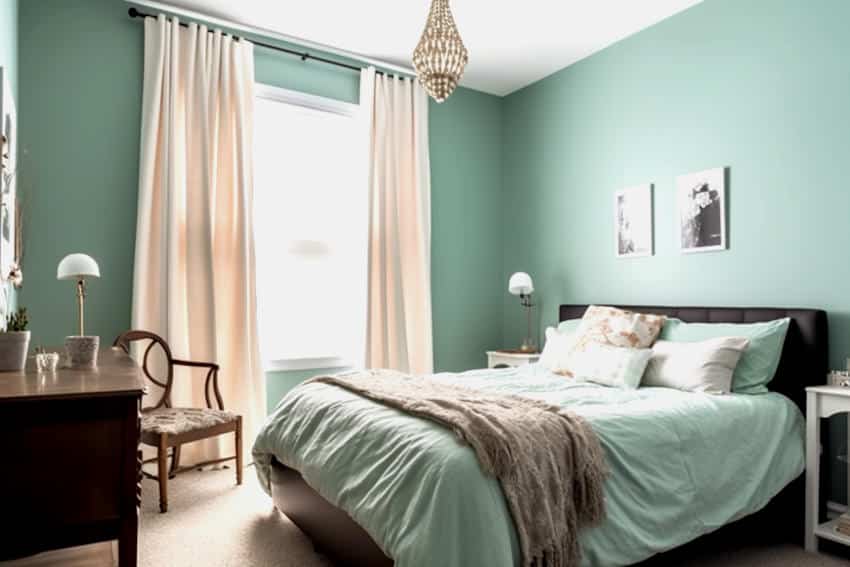 Bedroom with mint green walls and beige curtains