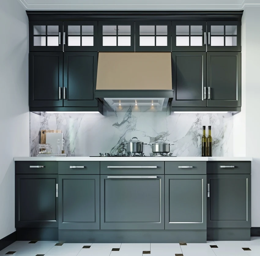 A black kitchen furniture with white walls and floor