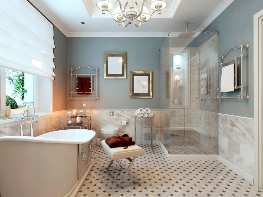 Bright bathroom classic design with alf marble tiled walls