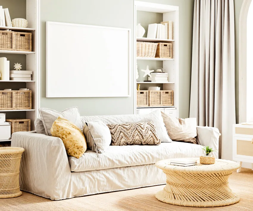 Sofa in neutral colors with accent pillows