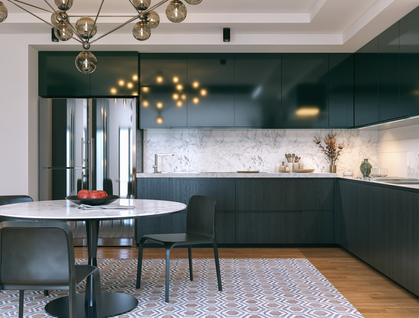 Classic kitchen interior with exquisite black cabinets and chairs