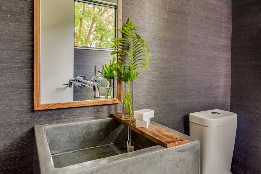 Concrete gray sink and wall mirror indoor plant bathroom