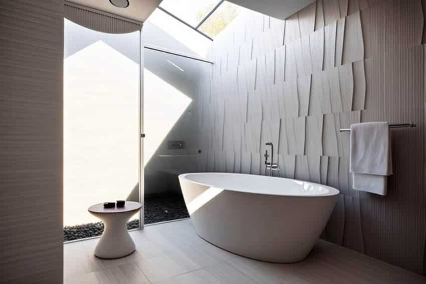 Contemporary bathroom with full wall textured tile