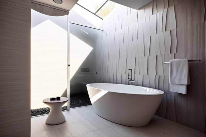 Contemporary bathroom with full wall textured tile 