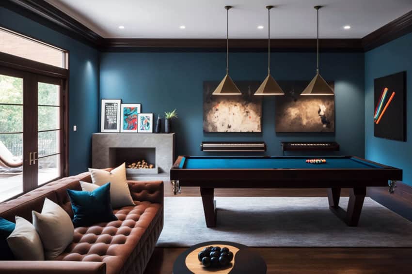 Contemporary game room with dark blue wall paint, pool table and leather sofa