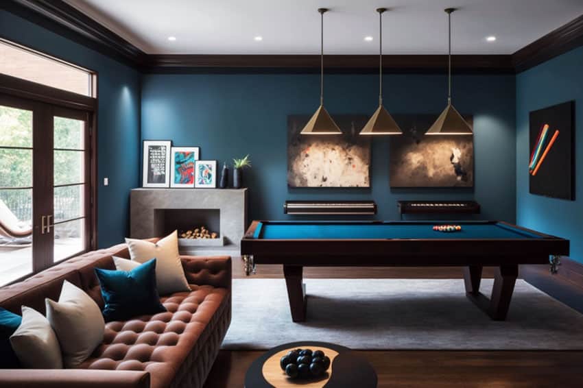 Contemporary game lounge with dark blue wall paint, pool table and leather sofa