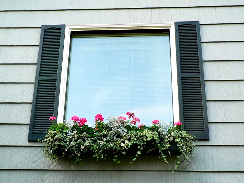 Powder coated aluminum shutters and window planter with plants and flowers
