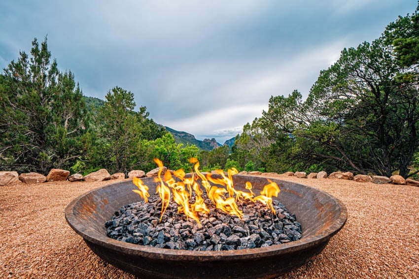 Fire pit lava rocks burning