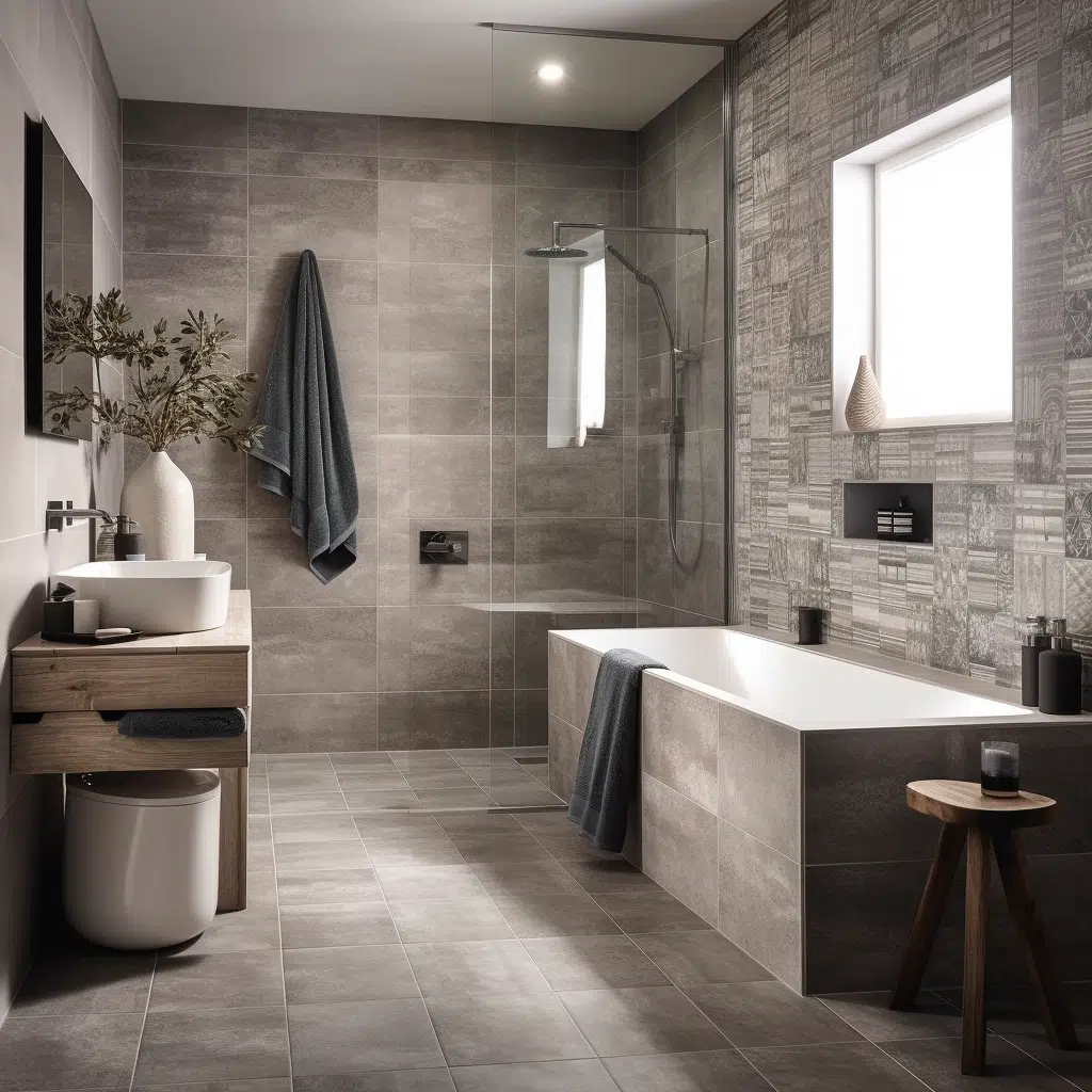 Wall tiled bathroom with grey towels